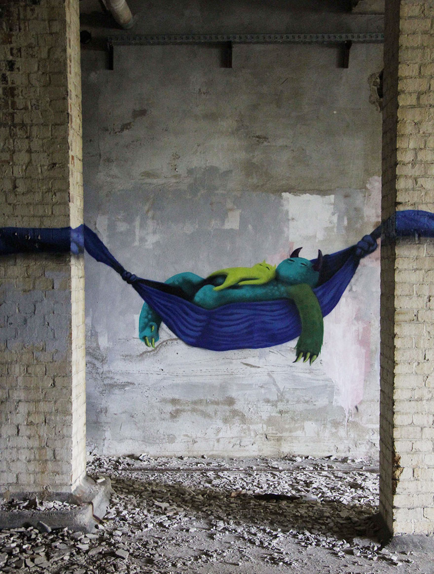 Monzter: Artist Hides Monster Murals Inside Abandoned Buildings In Berlin Monzter: Artist Hides Monster Murals Inside Abandoned Buildings In Berlin