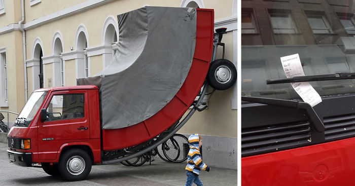 The German City Of Karlsruhe Just Issued A Parking Ticket To A Bent Car Sculpture By Austrian Artist Erwin Wurm