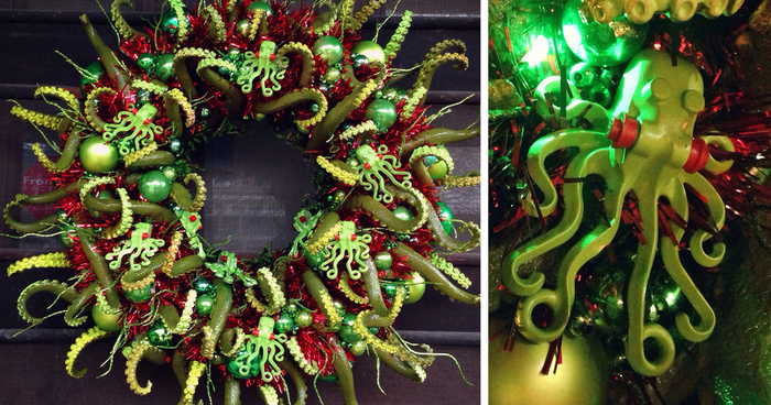 I Just Completed My Cthulhu-Themed Christmas Wreath. So Many Tentacles. Merry Cthulhumas!