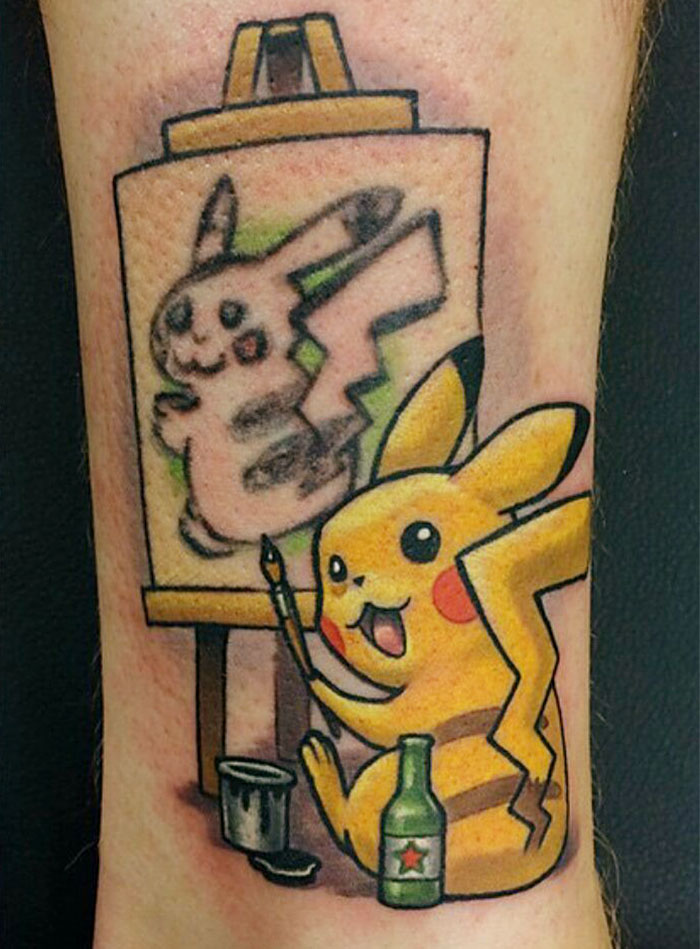 Tattoo cover-up idea transforms Pikachu into an artistic Pikasso on a canvas, blending humor and creativity.