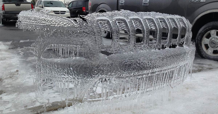 Frozen Cars Leave Icy Bumper Shells Behind After Ice Storm