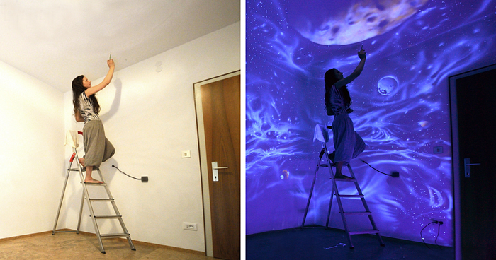 Woman painting glowing murals on wall, transforming rooms into dreamy glowing mural worlds when the lights go out
