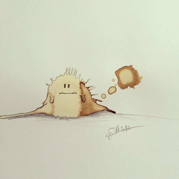 Funny And Creative Monster Drawings Made From Coffee Stains