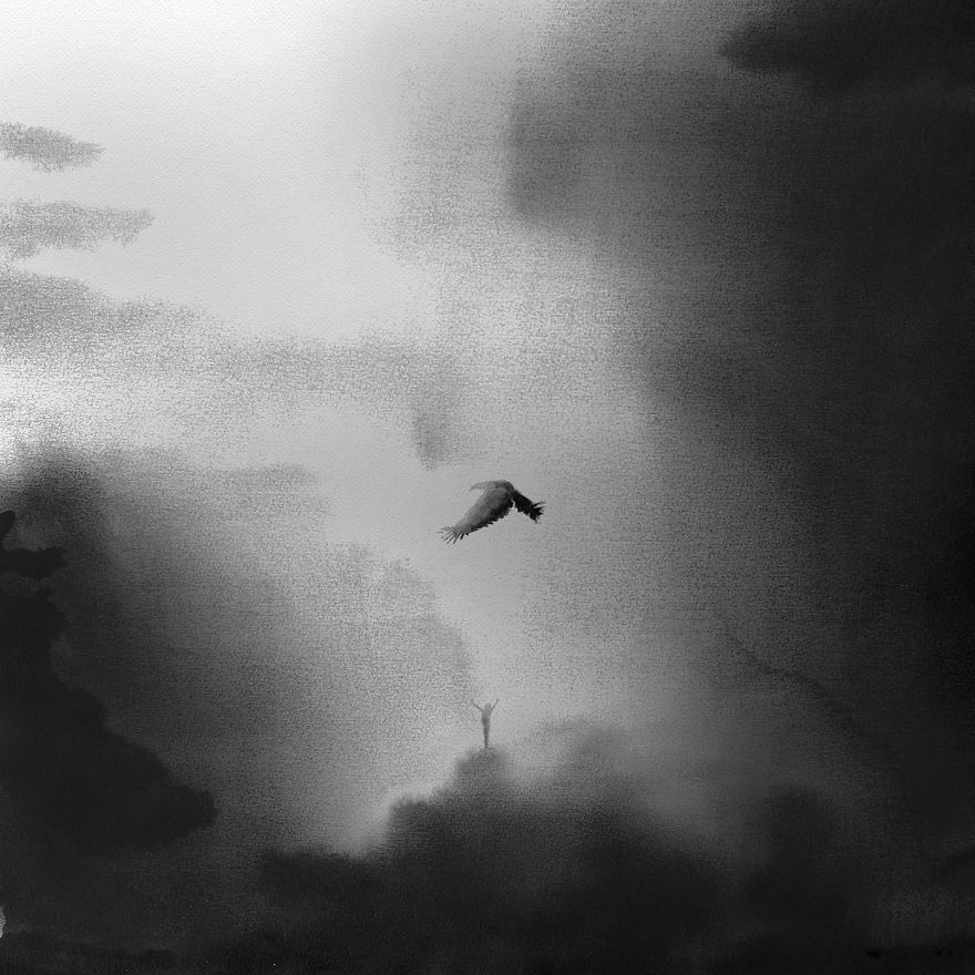 Peaceful Black And White Watercolor Paintings Of Children And Animal