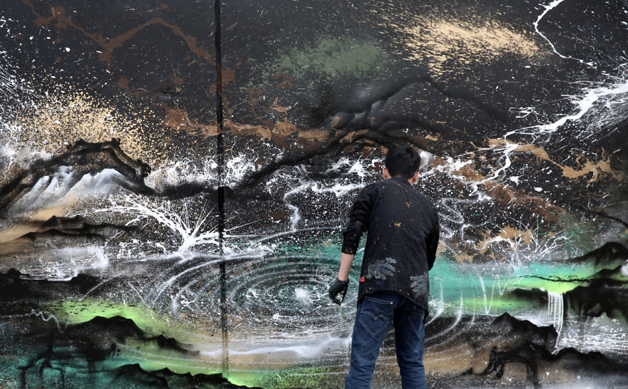Powerful Panda Street Art Painted In The Splatter Ink Technique