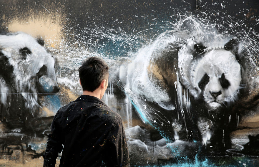 Powerful Panda Street Art Painted In The Splatter Ink Technique