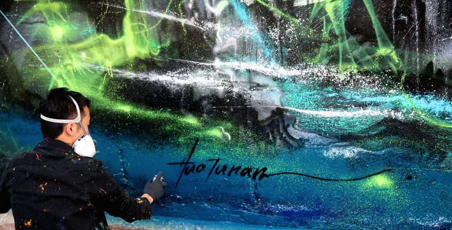 Powerful Panda Street Art Painted In The Splatter Ink Technique