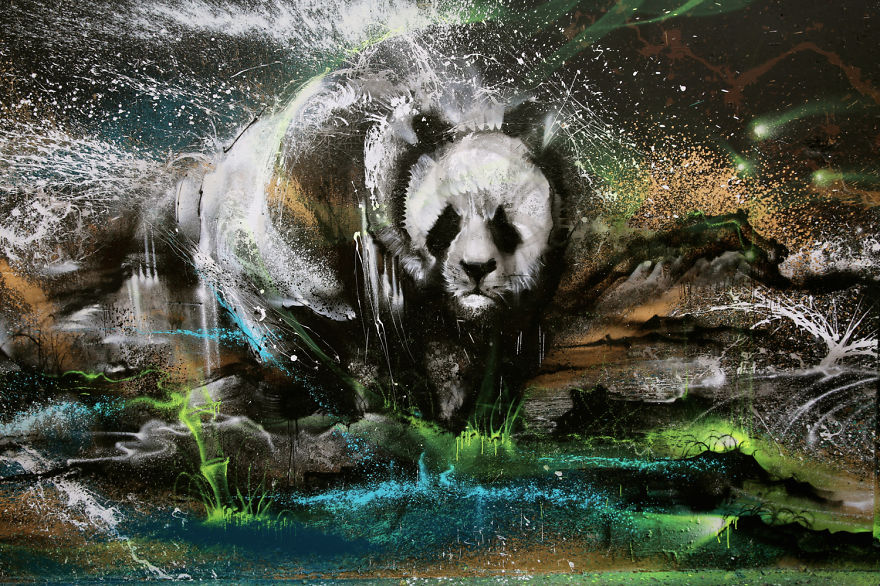 Powerful Panda Street Art Painted In The Splatter Ink Technique