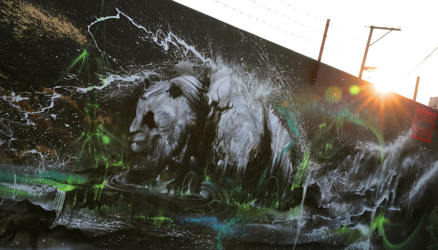 Powerful Panda Street Art Painted In The Splatter Ink Technique