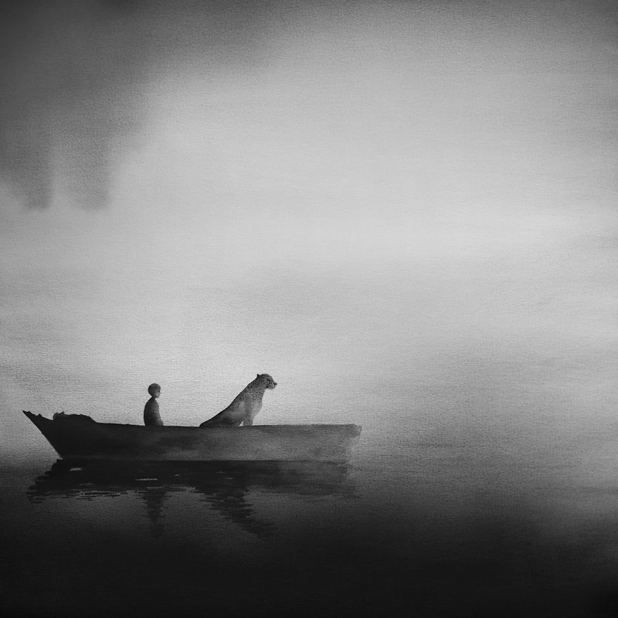 Peaceful Black And White Watercolor Paintings Of Children And Animal