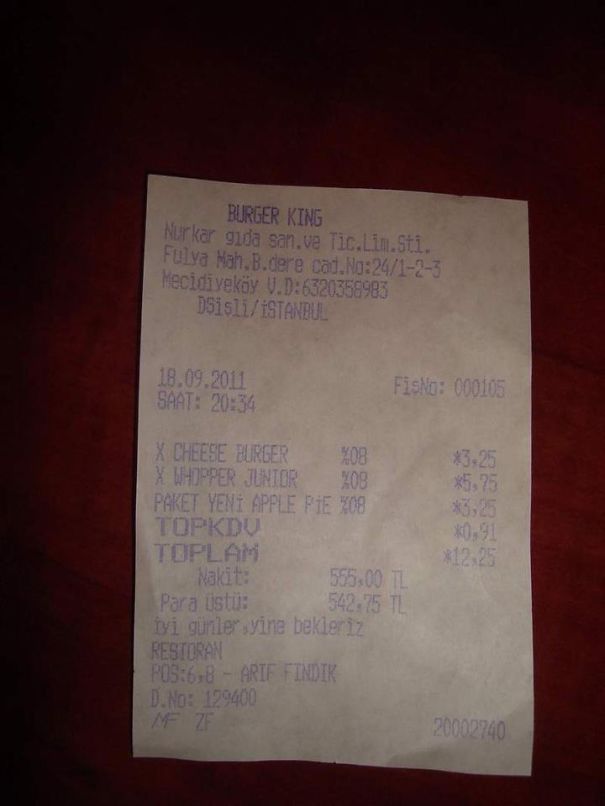 Mcdonalds Receipt - Total:12,25 Cash:555 Change:542,75