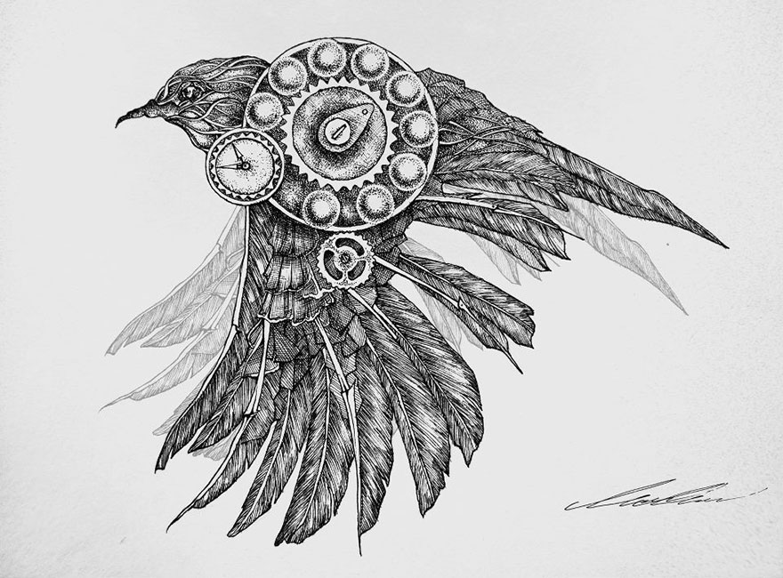 My Mechanical Birds Drawn With Ink