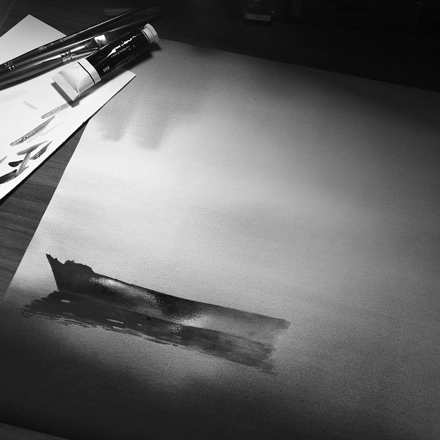 Peaceful Black And White Watercolor Paintings Of Children And Animal