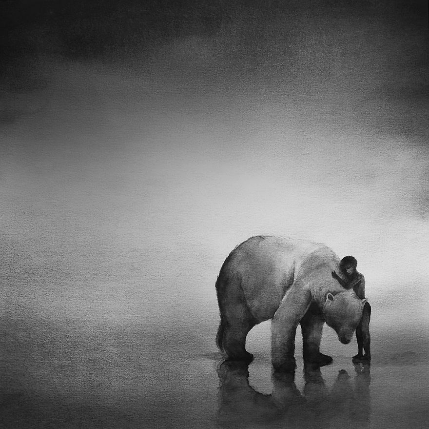 Peaceful Black And White Watercolor Paintings Of Children And Animal Peaceful Black And White Watercolor Paintings Of Children And Animal