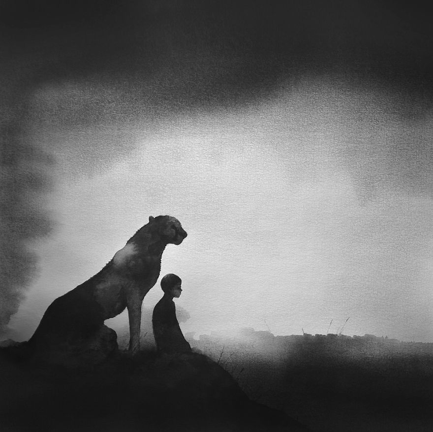 Peaceful Black And White Watercolor Paintings Of Children And Animal Peaceful Black And White Watercolor Paintings Of Children And Animal