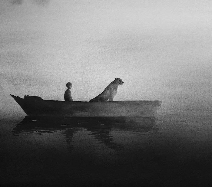 Peaceful Black And White Watercolor Paintings Of Children And Animal