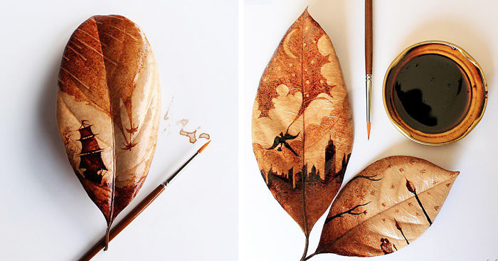Coffee Leaf Paintings Created With Morning Coffee Leftovers