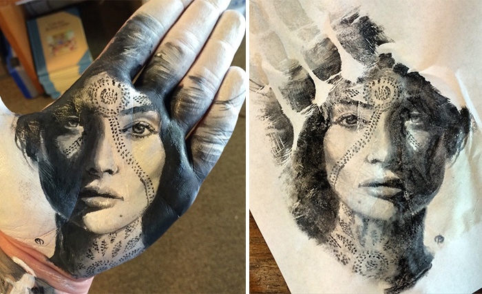 School Teacher Paints Realistic Portraits On His Hand And Stamps Them On Paper