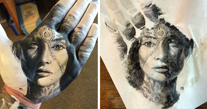 School Teacher Paints Realistic Portraits On His Hand And Stamps Them On Paper