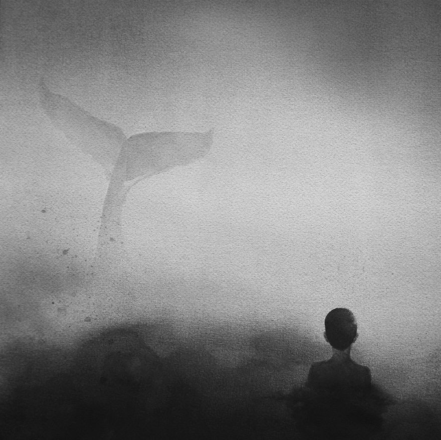 Peaceful Black And White Watercolor Paintings Of Children And Animal