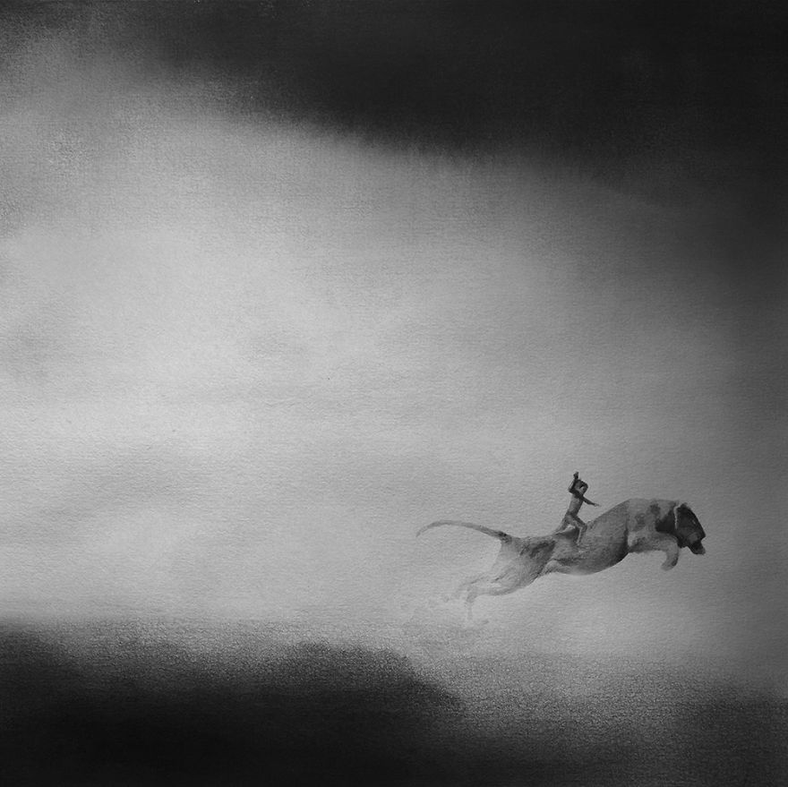 Peaceful Black And White Watercolor Paintings Of Children And Animal