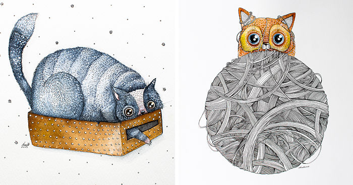 My Watercolor And Ink Paintings Of Quirky Cats