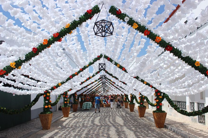 1000s Of Handmade Paper Flowers Cover The Streets Of Alentejo, Portugal 1000s Of Handmade Paper Flowers Cover The Streets Of Alentejo, Portugal