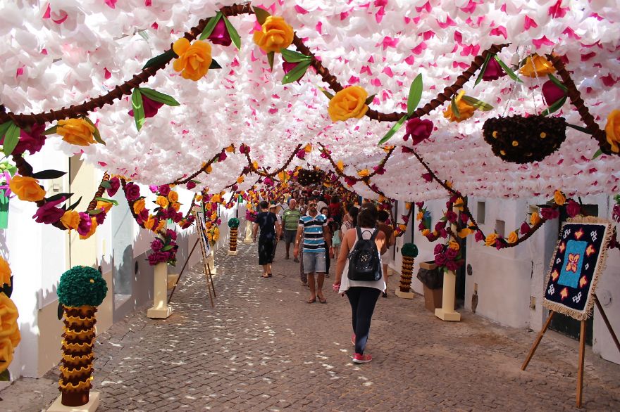 1000s Of Handmade Paper Flowers Cover The Streets Of Alentejo, Portugal 1000s Of Handmade Paper Flowers Cover The Streets Of Alentejo, Portugal