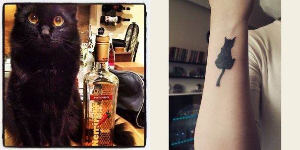 Line art of a simple cat tattoo on forearm, ideal for cat lovers.