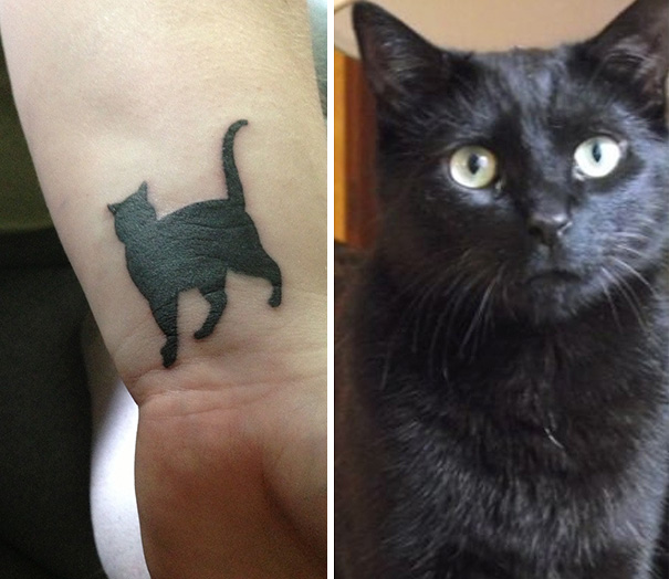 Simple cat tattoo design on wrist next to photo of a black cat.