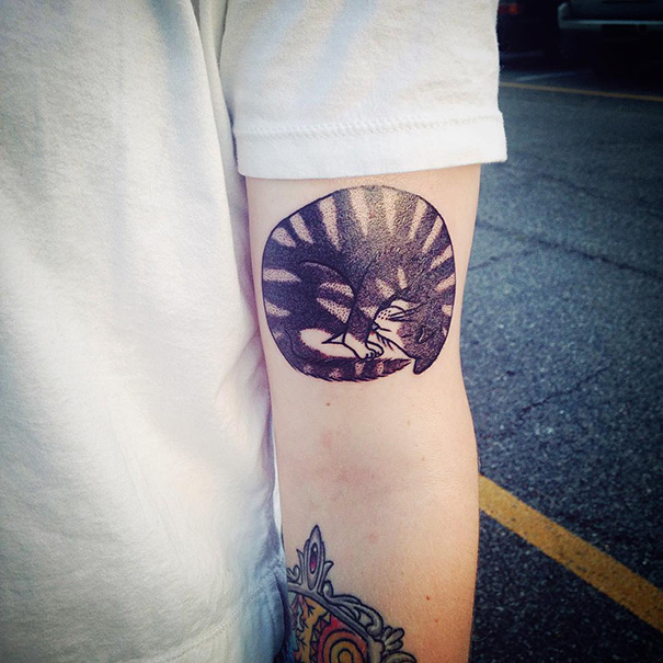 Line art cat tattoo design on arm, depicting a curled-up cat in black ink.