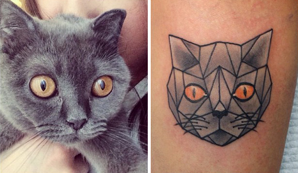 Line art cat tattoo design on skin alongside a gray cat with yellow eyes.