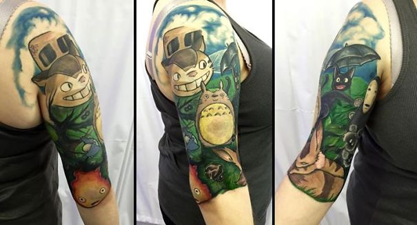 Studio Ghibli tattoo sleeve featuring characters from Miyazaki films, including Totoro and soot sprites.