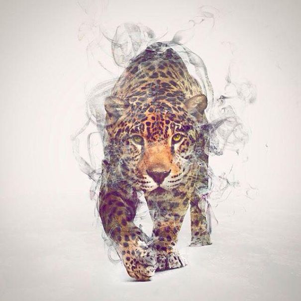 Wild Animals, Smoke And Nature Merged In My Double Exposure Photos