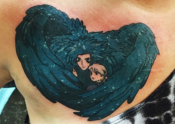 Studio Ghibli tattoo with two characters Howl And Sophie embraced by dark blue wings, inspired by Miyazaki films.
