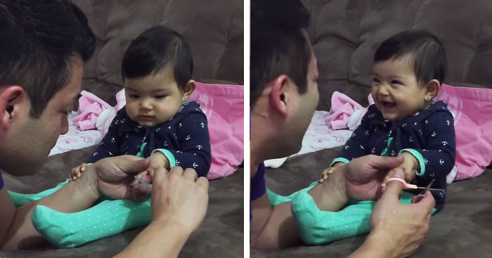 Baby Girl Pranks Dad With Fake Crying When He Tries To Cut Her Nails