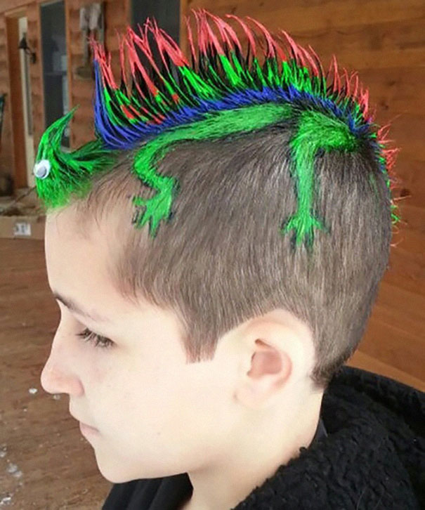 Colorful mohawk styled as a lizard with red, green, and blue spikes for a crazy hair day look.
