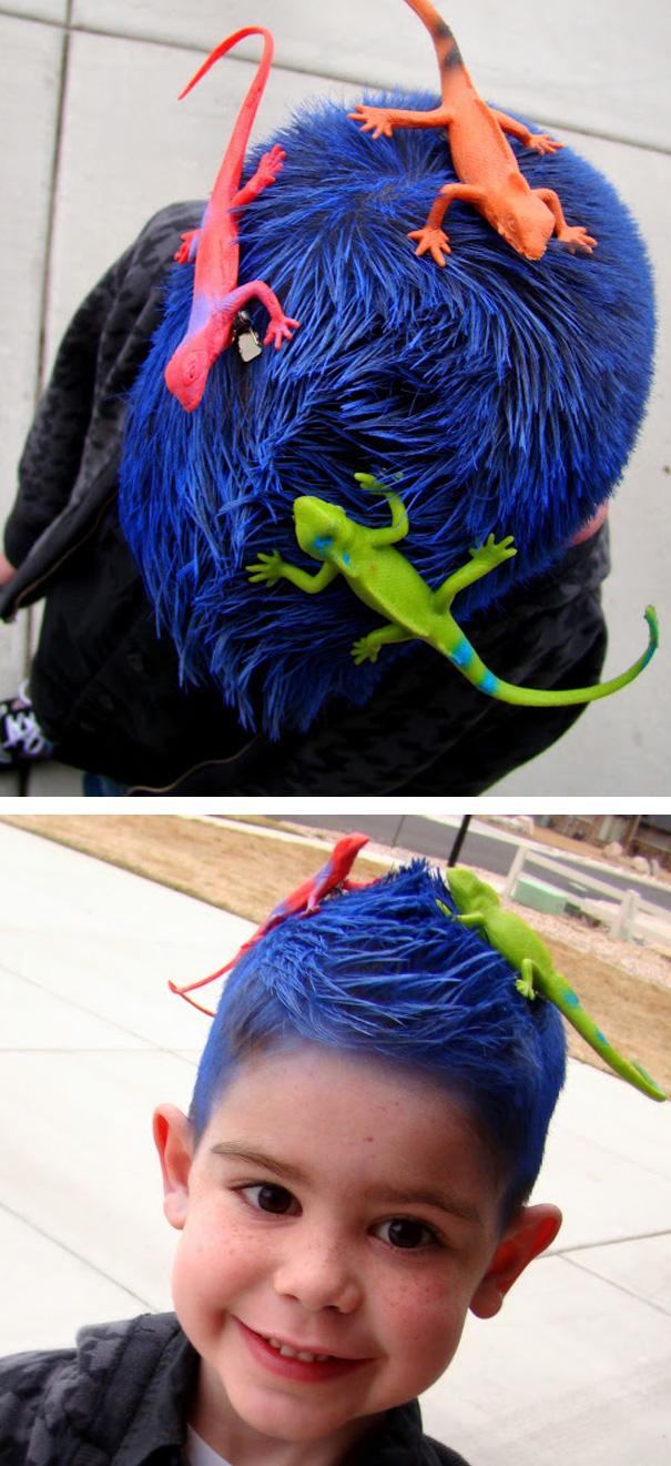 Blue spiked hair with colorful toy lizards, showcasing a fun crazy hair day style.