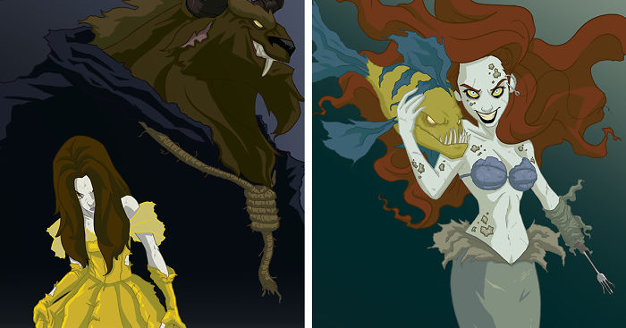 Creepy illustrations of Disney princesses revealing their dark sides, featuring twisted Beast and eerie mermaid characters.