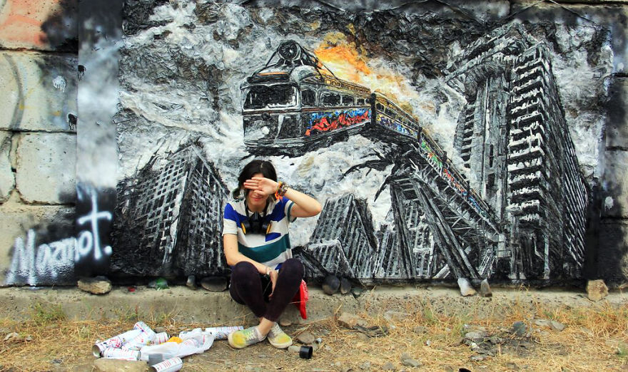 I Recycle Garbage Bags Into Graffiti-Like Street Art