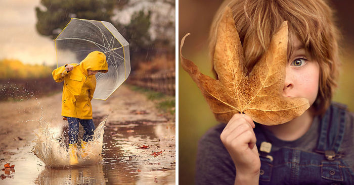 Child in yellow raincoat splashing in a puddle and a kid holding a large autumn leaf in magical autumn portraits.