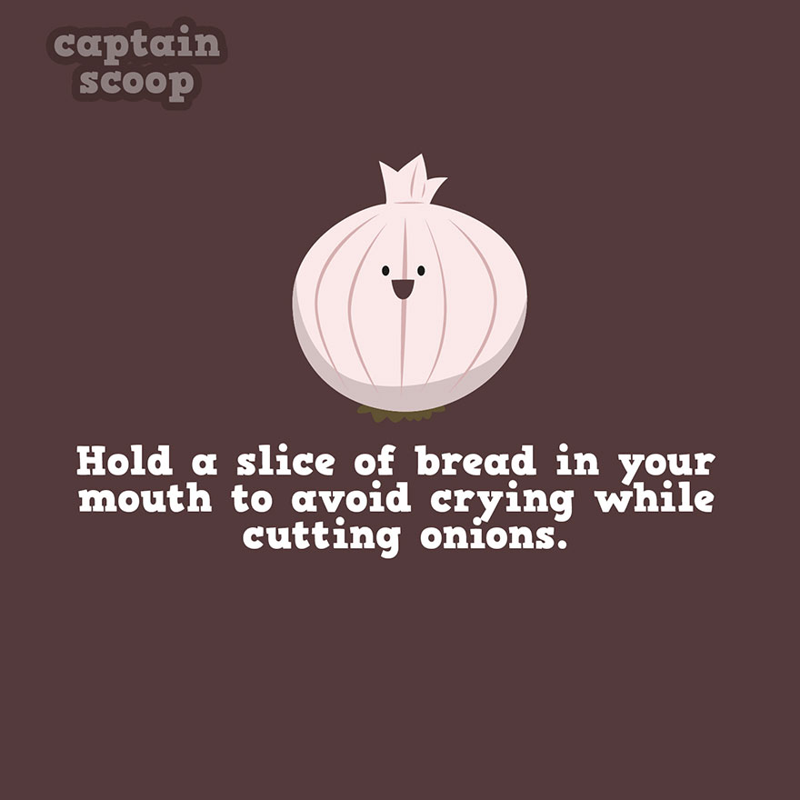Illustration of an onion with a cool fact about vegetables to stop crying while cutting onions using bread.