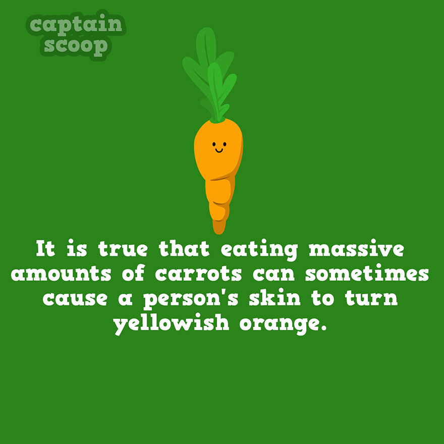 Illustration of a smiling carrot explaining how eating many carrots can cause skin to turn yellowish orange vegetable facts.
