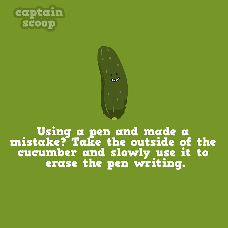 Illustration of a cucumber with a fun fact about using its outside to erase pen writing, related to vegetables.