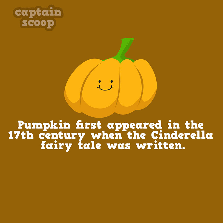 Smiling pumpkin illustration with a fun fact about vegetables appearing in the 17th century Cinderella fairy tale.