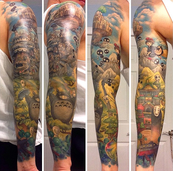 Studio Ghibli-themed sleeve tattoo featuring characters and scenes from Miyazaki films.