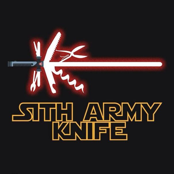 Star Wars meme: Sith Army Knife blending lightsaber and multi-tool features on a black background.