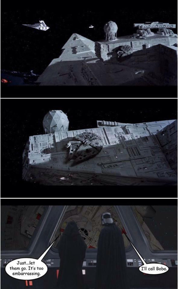 Star Wars meme with spaceships and characters discussing their next move humorously.