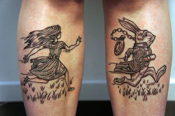 Book-inspired tattoos of Alice chasing the White Rabbit from a classic story.