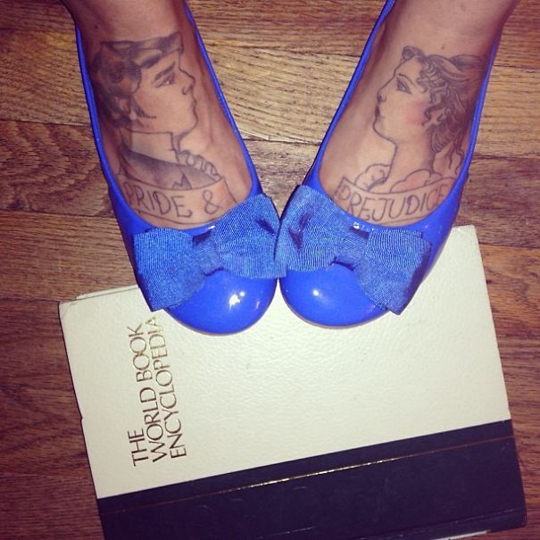 Blue shoes with Pride & Prejudice tattoos on feet, book-inspired tattoos for bookworms.